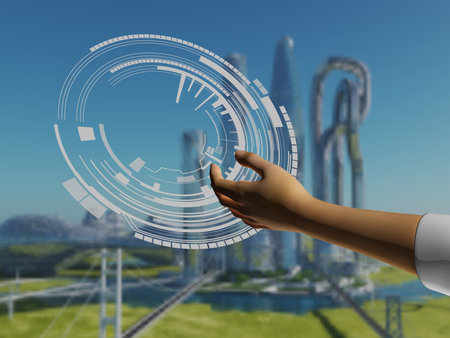 Graphic image of a human hand and graphics on the background of the city.,3D renderの写真素材