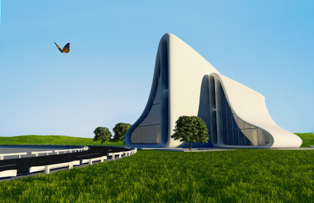 Modern building on a background sky, 3d renderの写真素材