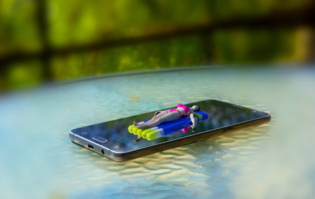 Girl resting on the water in mobile phone, 3d render