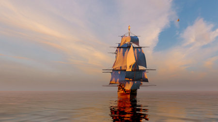 Vintage sailboat sailing in the sea.,3d renderの写真素材