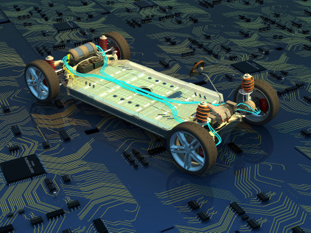 Electric car model on the background of microchips. 3d renderingの写真素材