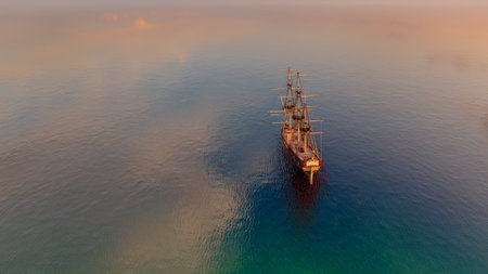 Vintage sailboat sailing in the sea.,3d renderの写真素材