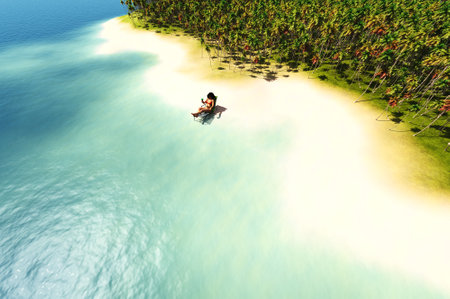 girl on the shore of the island. 3D renderingの写真素材