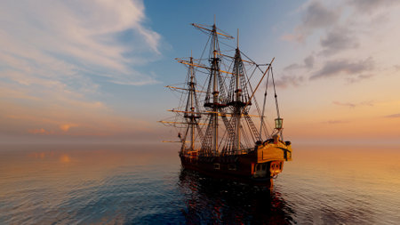 Vintage sailboat sailing in the sea.,3d renderの写真素材