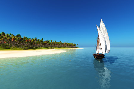 Modern yacht near the island.,3d renderの写真素材