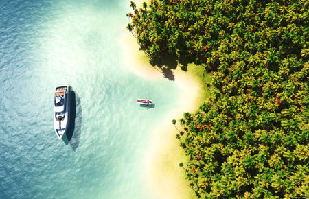 girl on the shore of the island. 3D renderingの写真素材