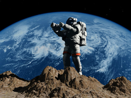 Astronaut with a camera on the planet..3d renderの写真素材