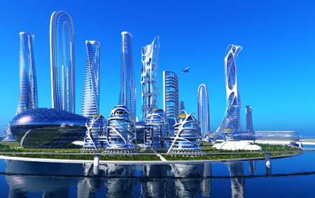 Future City on the coast.3d renderの写真素材