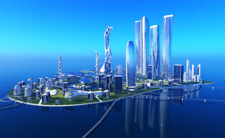 Future City on the coast.3d renderの写真素材
