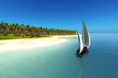 Modern yacht near the island.,3d renderの写真素材