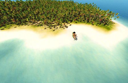 girl on the shore of the island. 3D renderingの写真素材