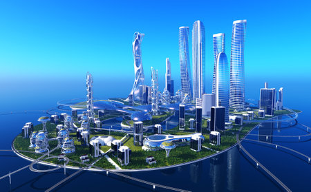 Future City on the coast.3d renderの写真素材