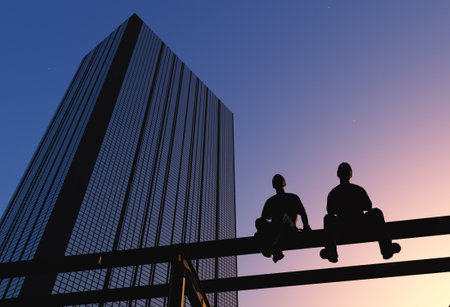 Silhouettes of workers against the background of the city.3d renderの写真素材