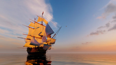 Vintage sailboat sailing in the sea.,3d renderの写真素材