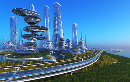 Future City on the coast.3d renderの写真素材