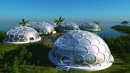 Fantastic building on the background of a landscape. ,3d renderの写真素材