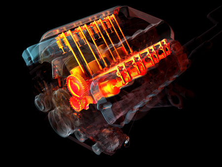 The car's engine on a black background.,3d render