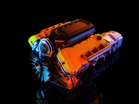 The car's engine on a black background.,3d render