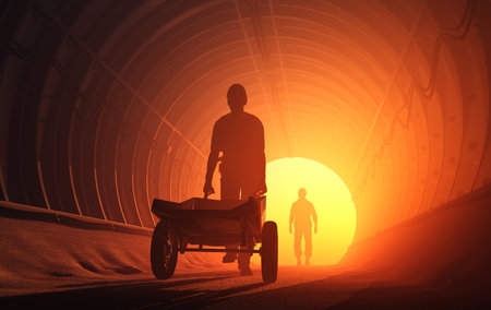 Miners with a wheelbarrow in the mine., 3d renderの写真素材