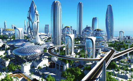 Future City on the coast.3d render