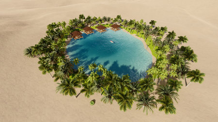 An oasis against a desert background. 3d renderの写真素材