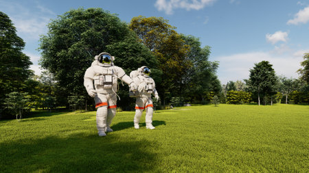 Two astronauts on the green grass.,3d renderの写真素材