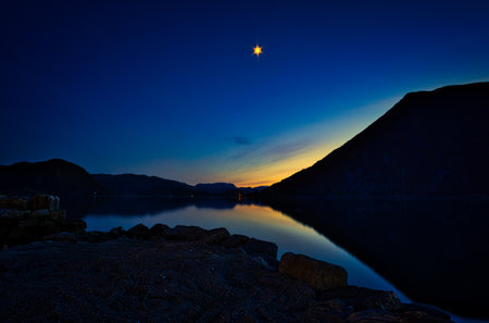 fishing vacation in selje norway. the blue hour on the fjord. calm mood. colorful momentの写真素材