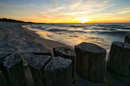 groynes jutting into the sea. taken in zingst on the darss. the perspective is directed to the horizonの写真素材