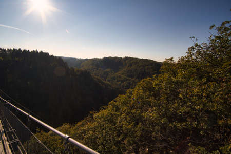 View of the landscape from the Geierlay suspension bridge. Beautiful landscape for hiking
