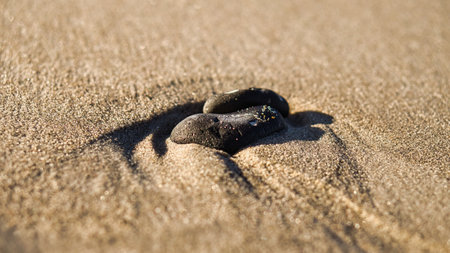 heart-shaped stone in the sand of the beach on the Baltic Sea. Romantic symbol for those in love. Small sign as still life.の写真素材