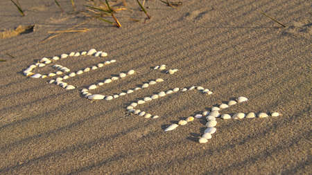 with shells laid symbol happiness on the beach of the Baltic Sea in the sand. Wishes for the...