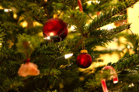 Christmas. Christmas decoration. red christmas ball hanging on christmas tree. Christian holiday....