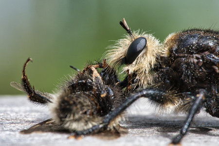 Yellow murder fly or yellow robber fly with a bumblebee as prey. The insect is sucked out by the...