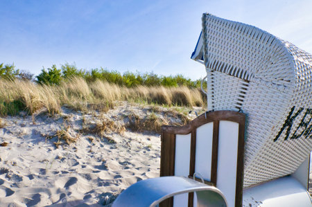 Beach chair on the beach of the Baltic Sea in Zingst. Sun, blue sky. Dune in the background with dune grass. Landscape shot from German coastの写真素材