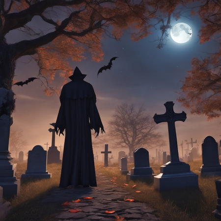Vampires in the cemetery with a view of the full moon. Bats and graves. Gravestones and old trees. AI generated imageの素材