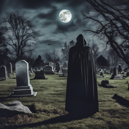 Vampires in the cemetery with a view of the full moon. Bats and graves. Gravestones and old trees. AI generated imageの素材