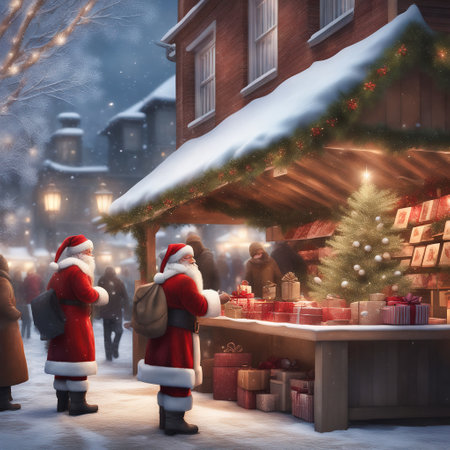 Christmas market, stalls on the side with visitors. Santa Claus among the people. Christmas tree with fairy lights and Christmas bauble. Snow-covered path. Festive atmosphere. AI generated imageの素材
