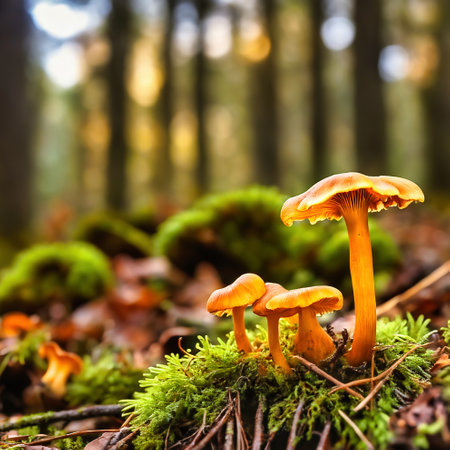 Chanterelles in the moss on the forest floor. Mystical magician. Autumn light mood. AI generated imageの素材
