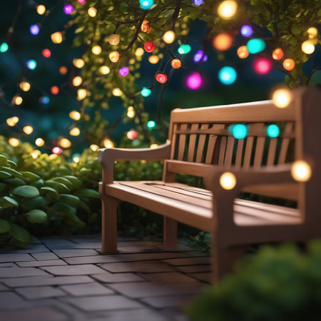 Bench in a garden with fairy lights in the evening. Hedges and bushes surround the bench. Romantic evening scene. AI generated imageの素材