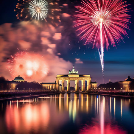New Year's Eve at the Brandenburg Gate. New Year's fireworks in the sky over Berlin. AI generated imageの素材