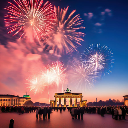New Year's Eve at the Brandenburg Gate. New Year's fireworks in the sky over Berlin. AI generated imageの素材