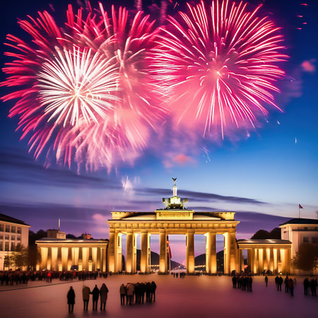 New Year's Eve at the Brandenburg Gate. New Year's fireworks in the sky over Berlin. AI generated imageの素材
