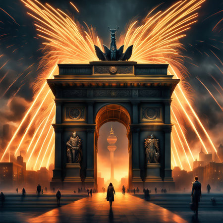 New Year's Eve at the Brandenburg Gate. New Year's fireworks in the sky over Berlin. AI generated imageの素材