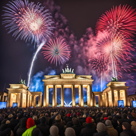 New Year's Eve at the Brandenburg Gate. New Year's fireworks in the sky over Berlin. AI generated imageの素材