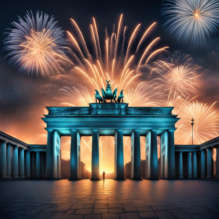 New Year's Eve at the Brandenburg Gate. New Year's fireworks in the sky over Berlin. AI generated imageの素材