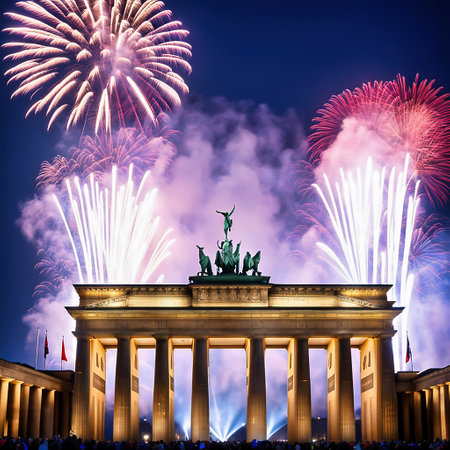 New Year's Eve at the Brandenburg Gate. New Year's fireworks in the sky over Berlin. AI generated imageの素材