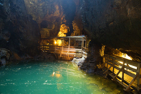 Rock cave with lake. dry water. Underworlds in Sweden. Mystical atmosphere. Nature shot from...