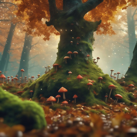 Enchanted forest with fantasy mushrooms. Green moss forest floor with enchanted trees. Mystical AI generated imageの素材