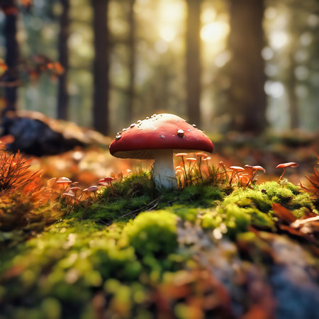 Enchanted forest with toadstools. Green moss forest floor with enchanted trees. AI generated imageの素材