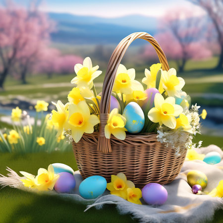 Easter basket with Easter eggs on a green meadow. Daffodils are blooming yellow. Easter generated with AI. illustrationの素材